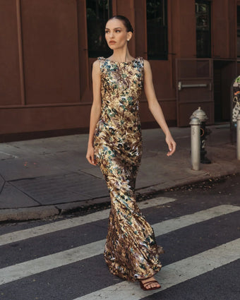 Black Multicolor Sequin Strapless Column Gown