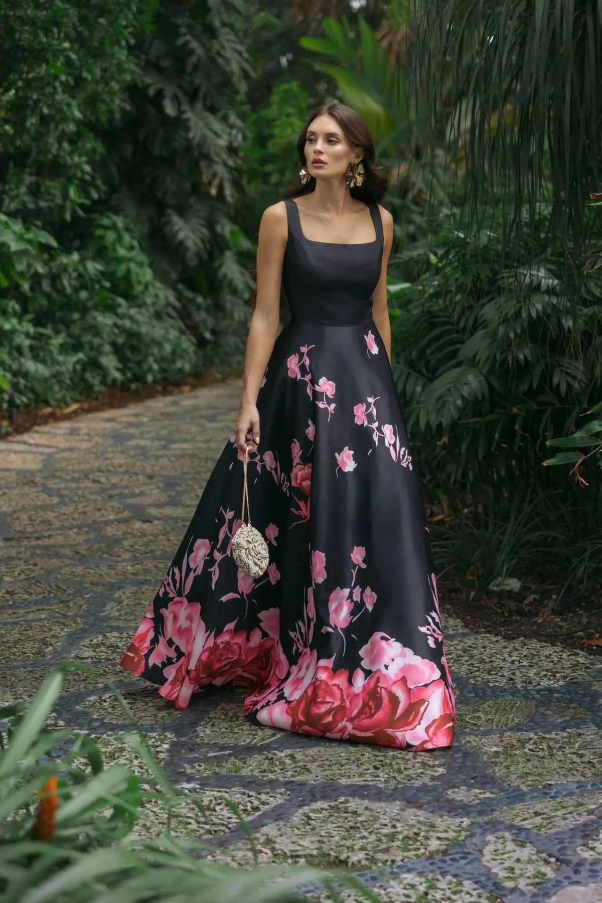 Black Square Neck Floral Print Ball Gown