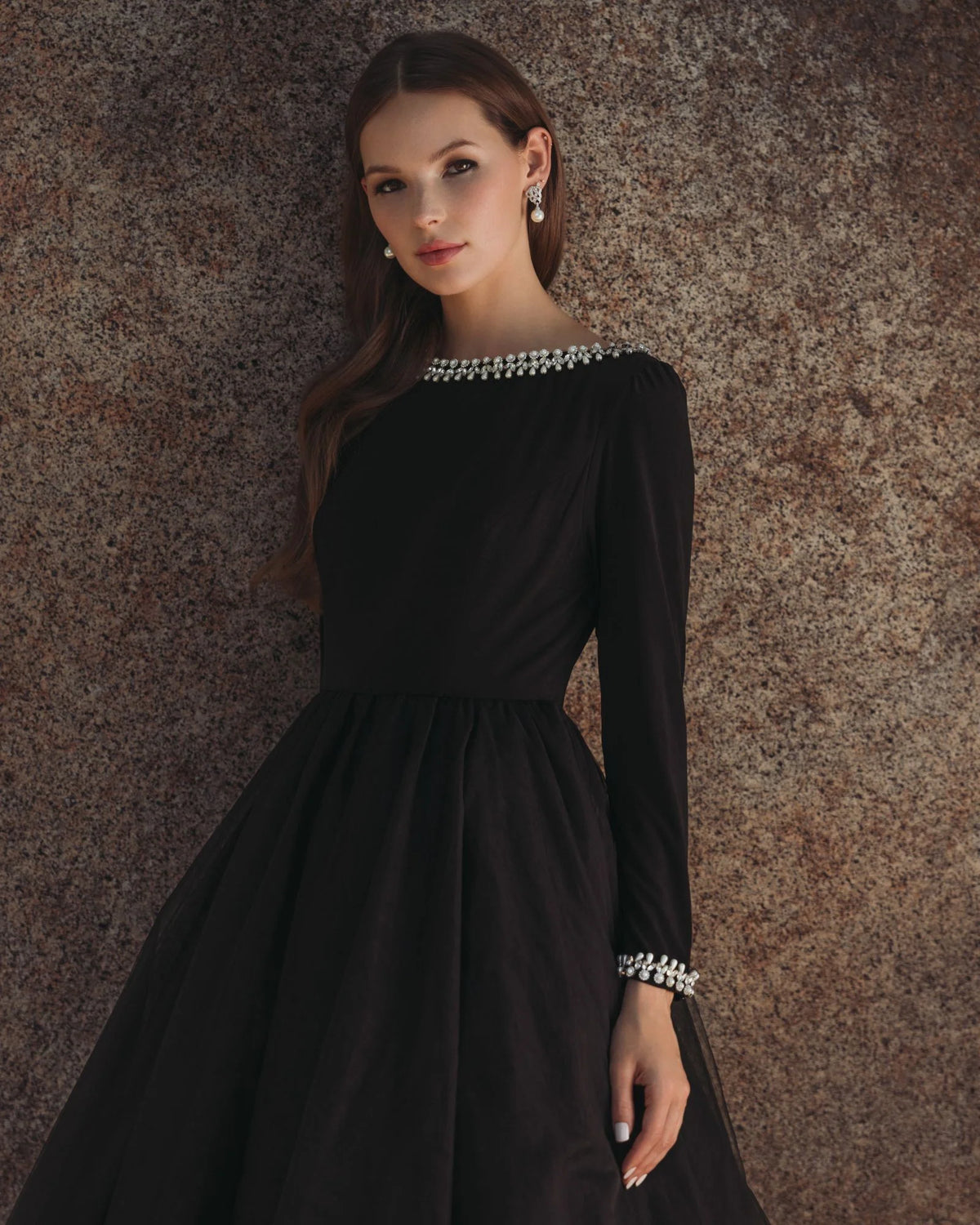 Black embellished jersey long sleeve tulle ball gown