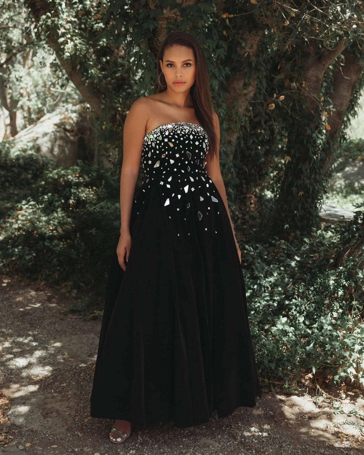 Black velvet strapless A-line midi dress
