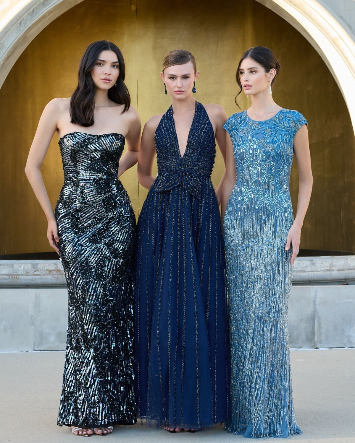 Navy Beaded Halter Neck Open Back A-Line Gown