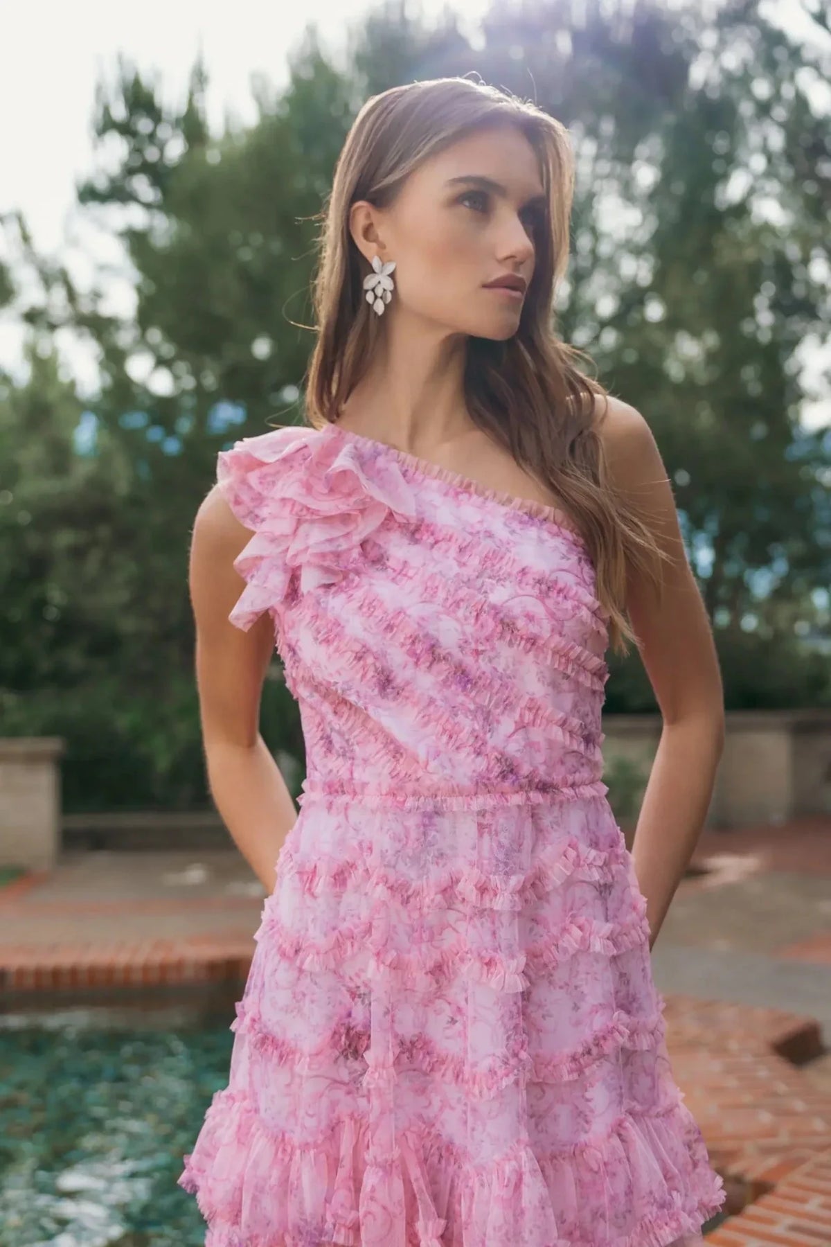 Printed One Shoulder Ruffled A Line Midi Dress