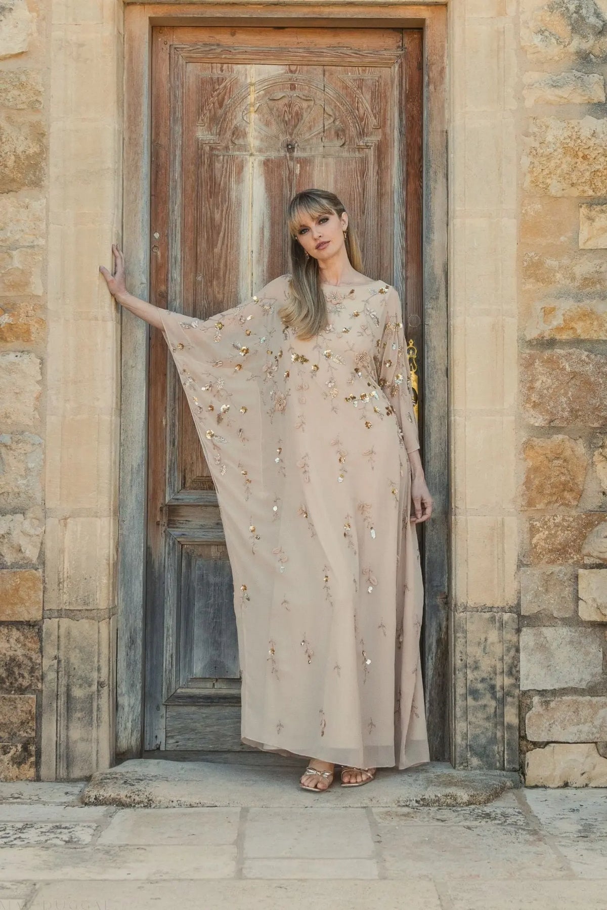 Mac Duggal floral embellished kaftan gown in nude gold