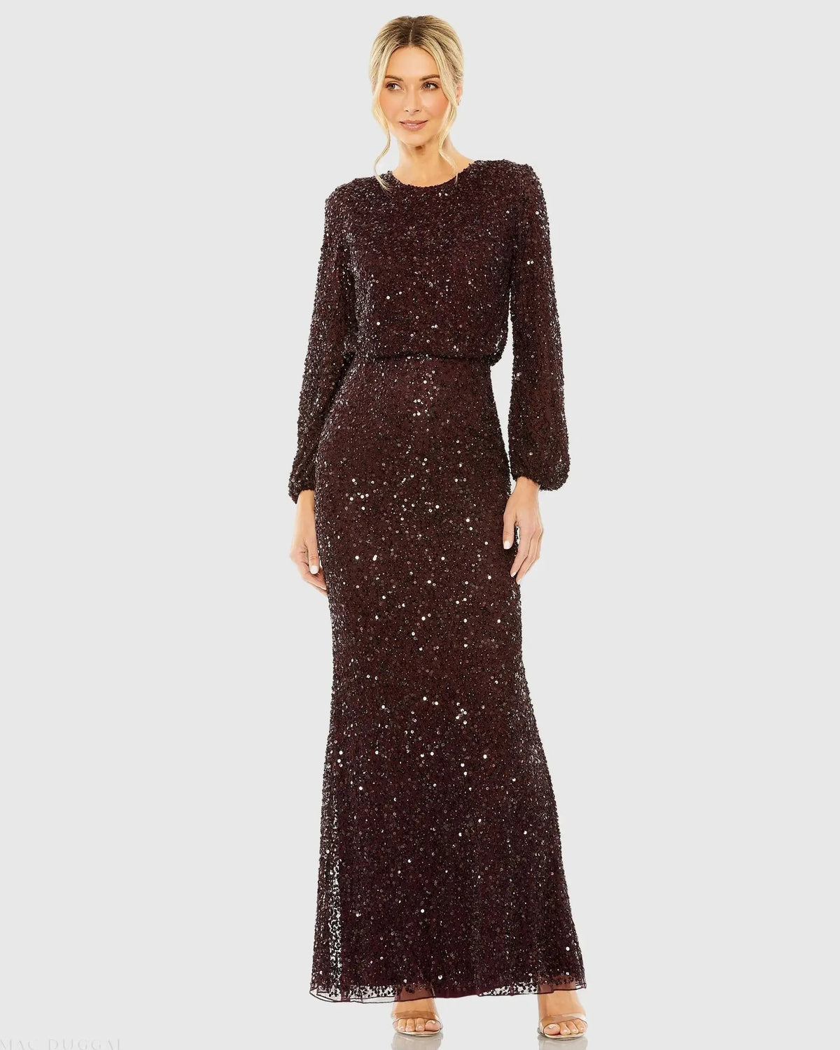 Mac Duggal #10044 blackberry high neck beaded blouson gown