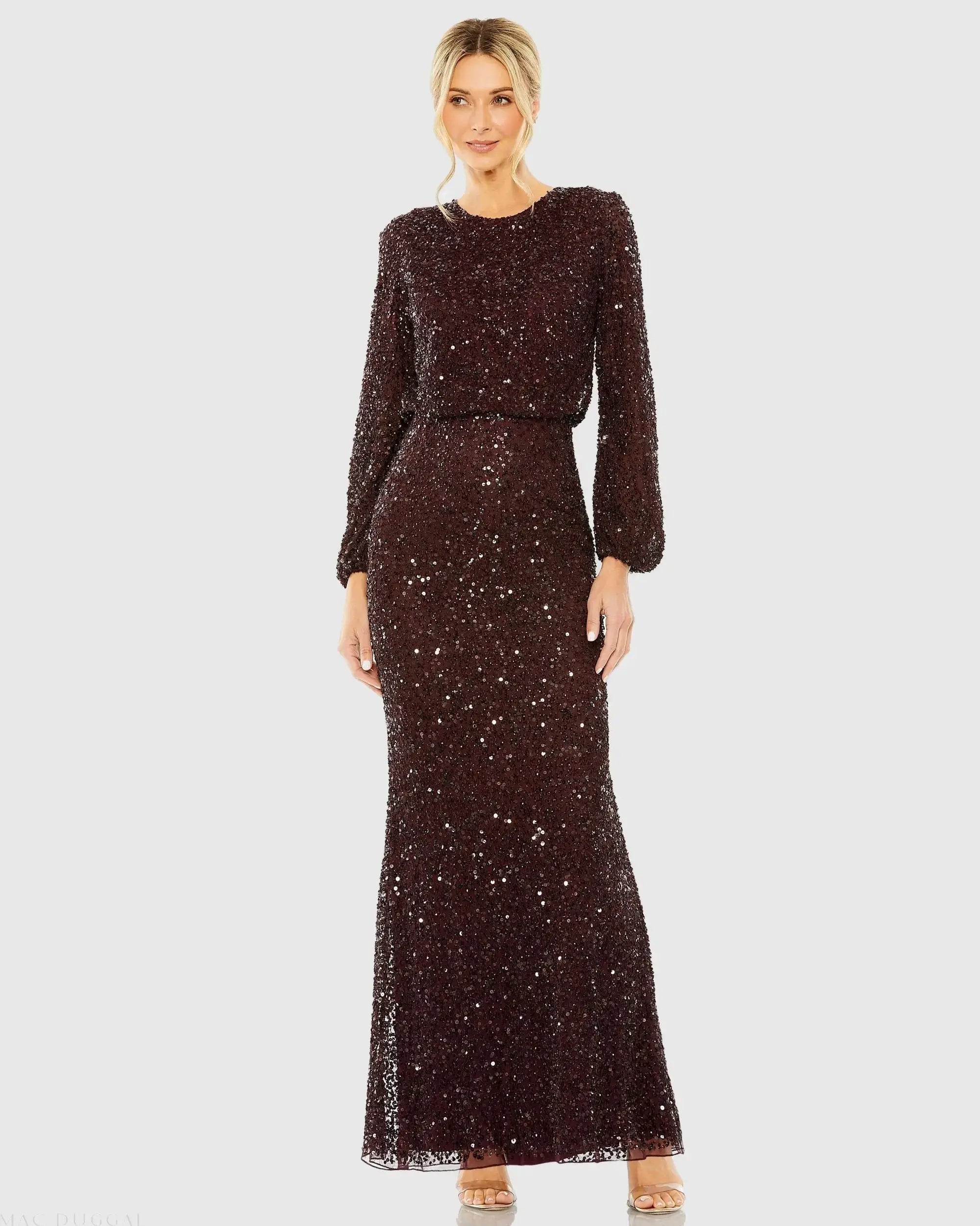 Mac Duggal #10044 blackberry high neck beaded blouson gown