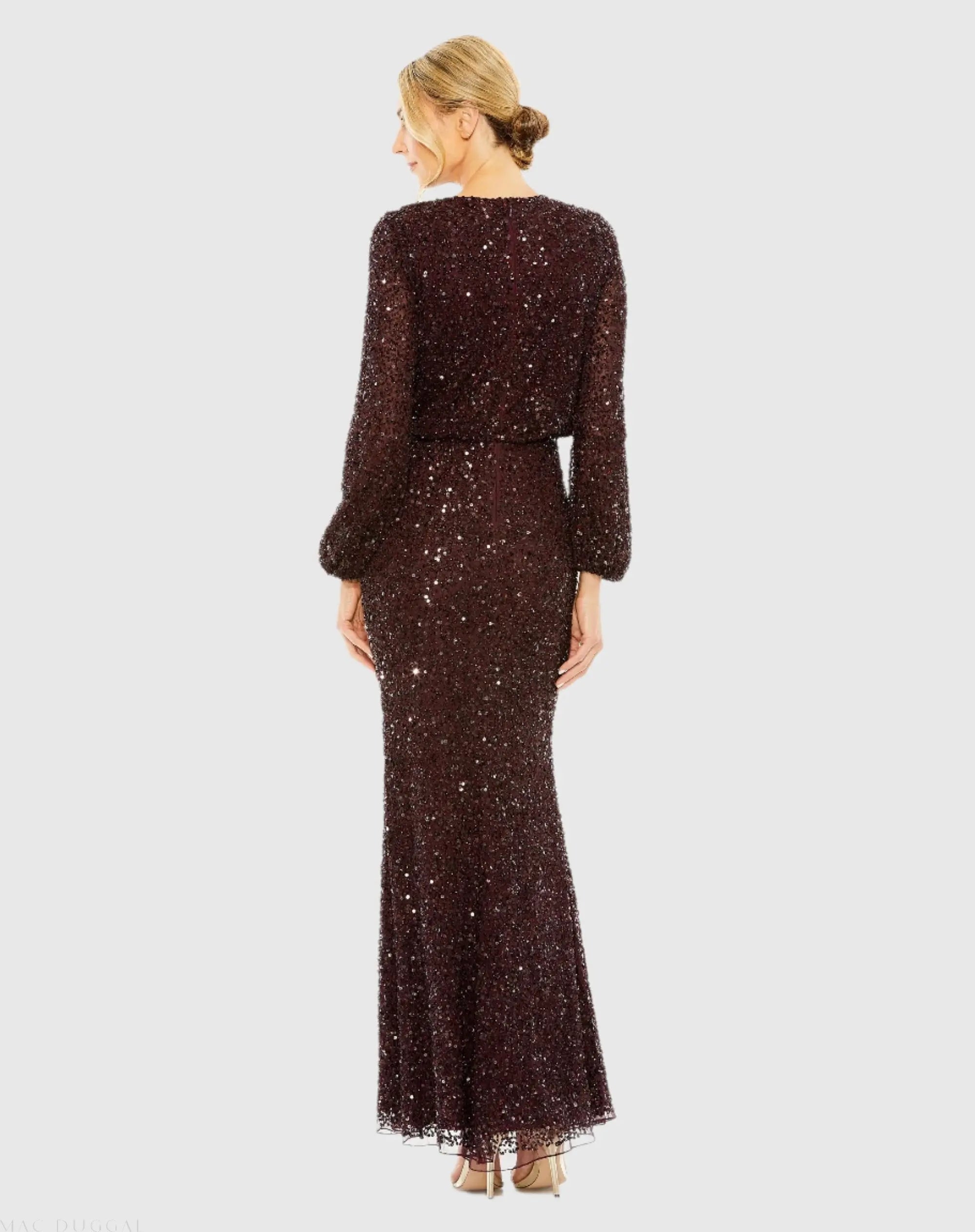 Mac Duggal #10044 blackberry beaded blouson gown back view