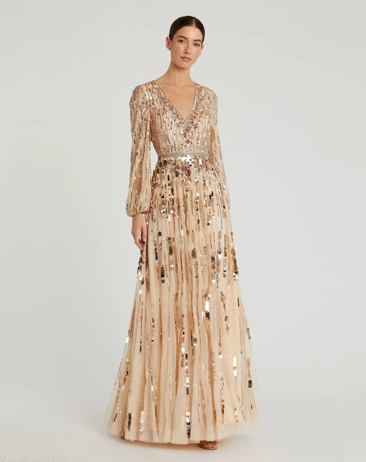 Mac Duggal Beige Embellished Mesh Long Sleeve V Neck Gown #10059 Bisque