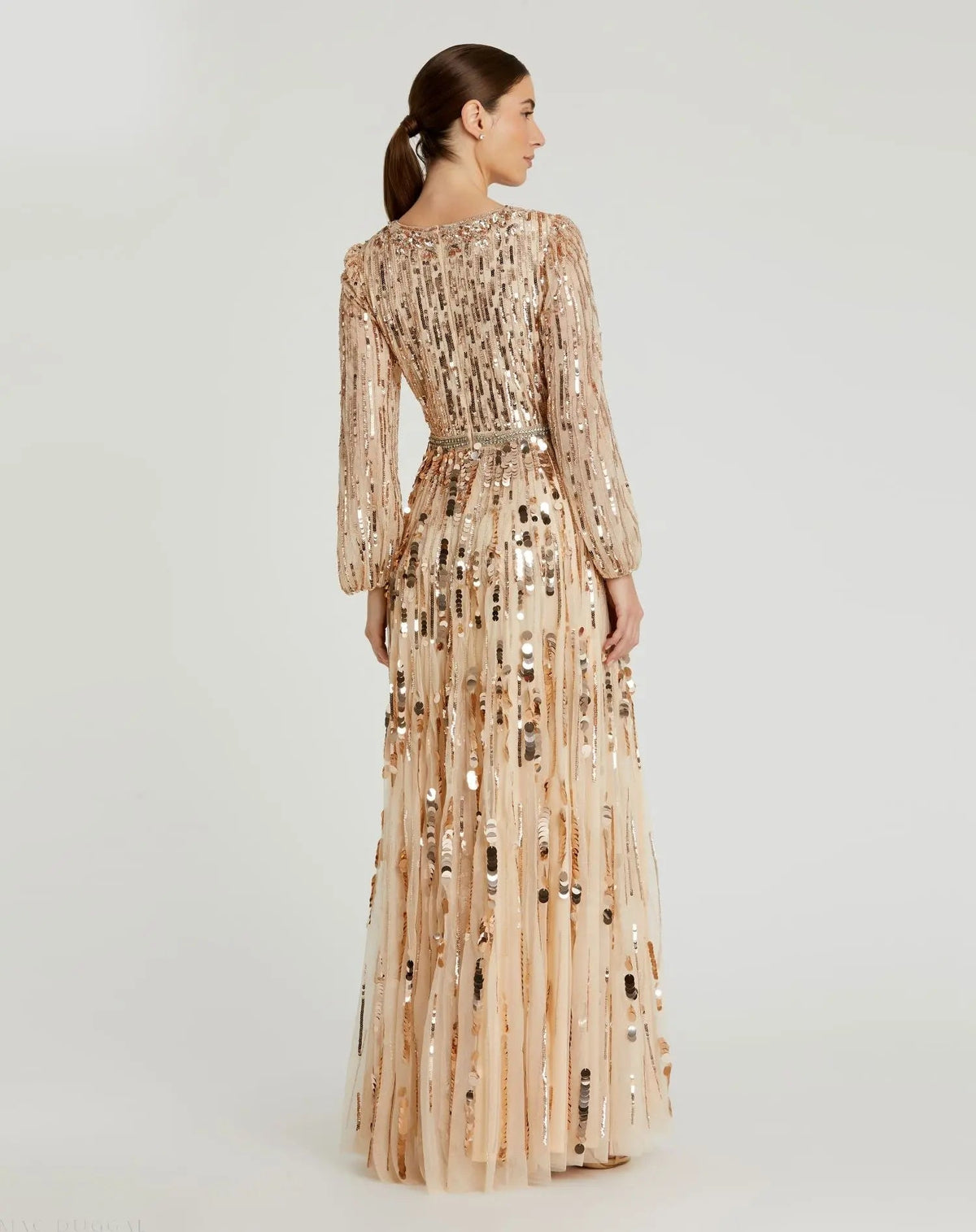 Back-view-of-elegant-long-sleeve-sequin-formal-gown-in-bisque