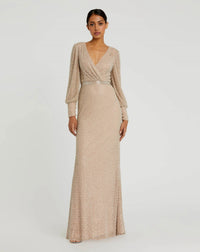 Mac Duggal 10062 Ivory Nude wrap over bishop sleeve gown with pearl beading - Front
