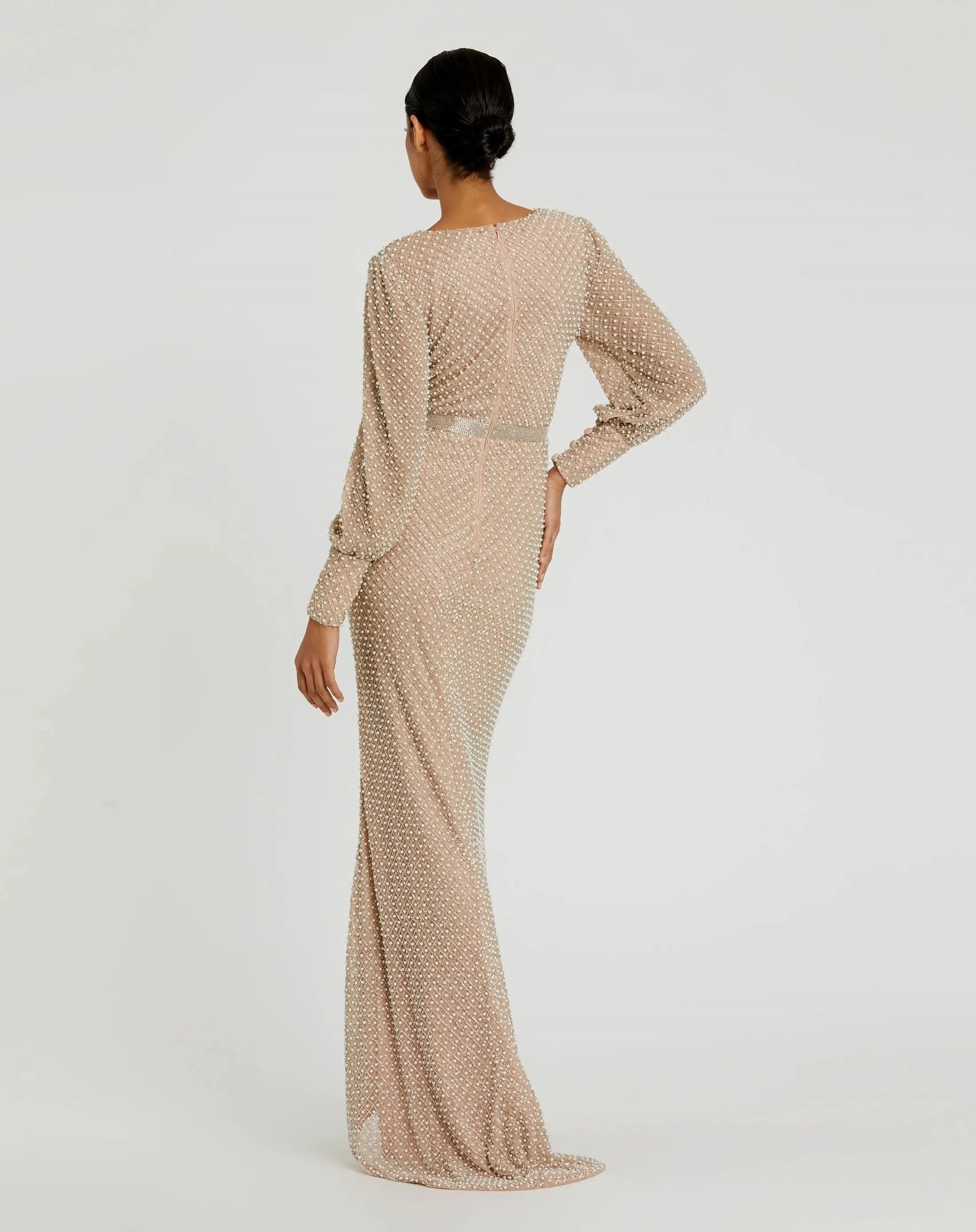 Mac Duggal 10062 Ivory Nude wrap over bishop sleeve gown with pearl beading - Back view