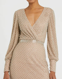 Mac Duggal 10062 Ivory Nude wrap over bishop sleeve gown with pearl beading - Close up detail