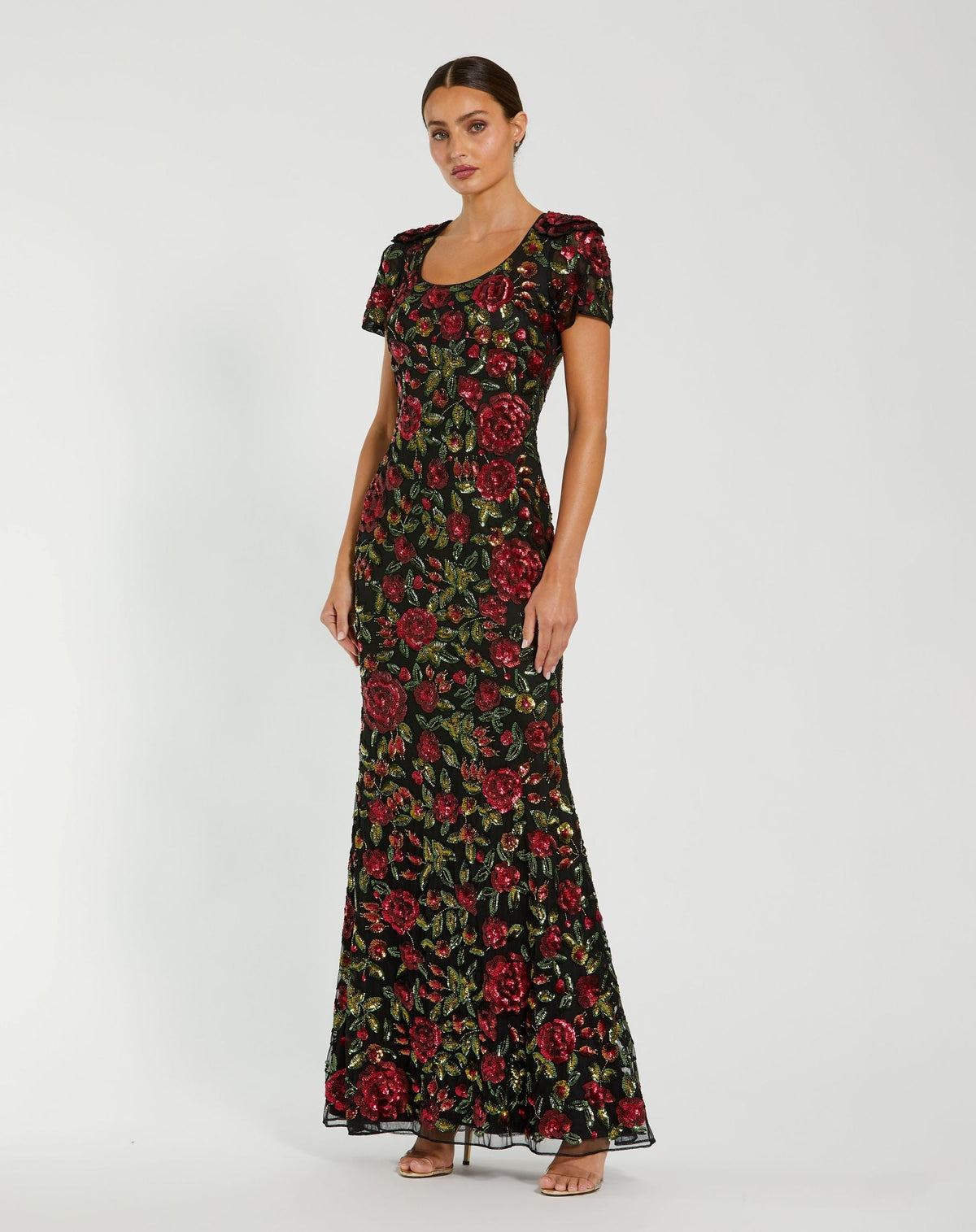 Mac Duggal #10076 black multi floral sequin trumpet gown