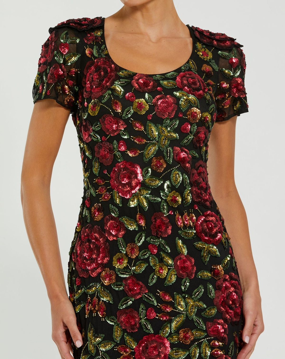 Mac Duggal #10076 black multi sequin floral detail close-up