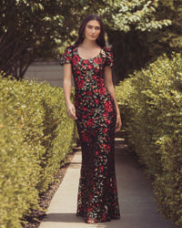 Mac Duggal #10076 black floral sequin scoop neck evening gown