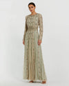Embellished Mesh Long Sleeve A Line Gown - Nude Sage