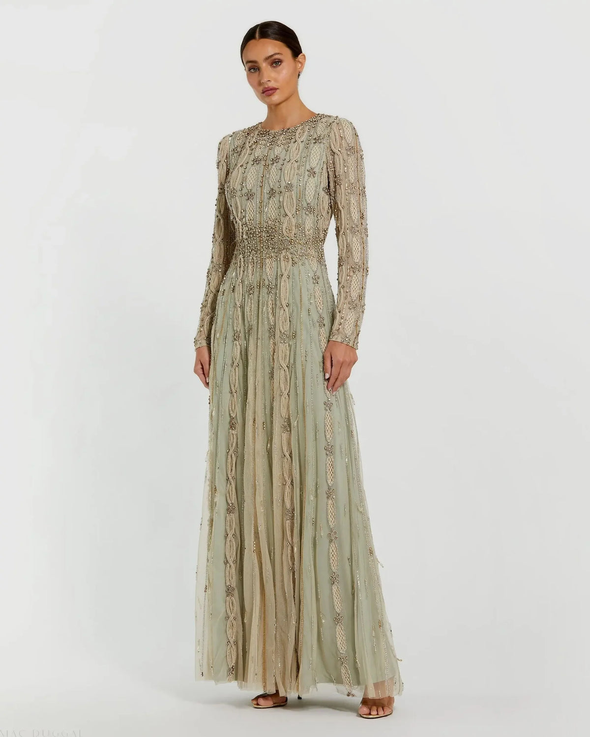 Embellished Mesh Long Sleeve A Line Gown - Nude Sage