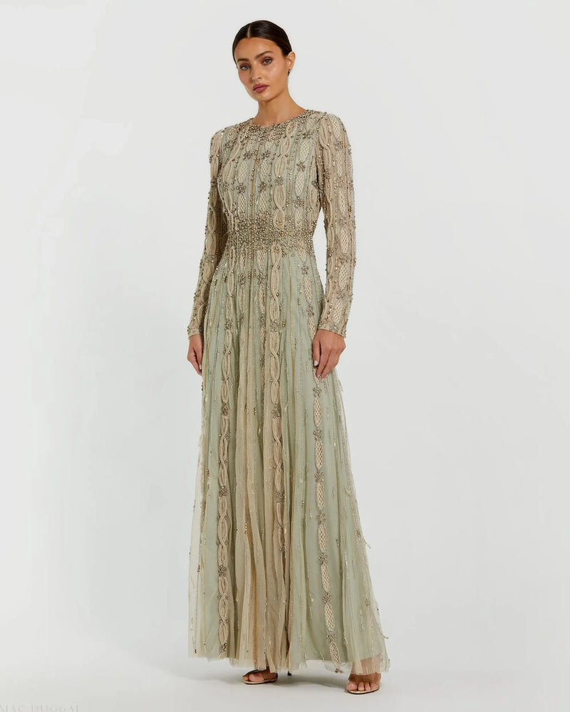 Embellished Mesh Long Sleeve A Line Gown - Nude Sage