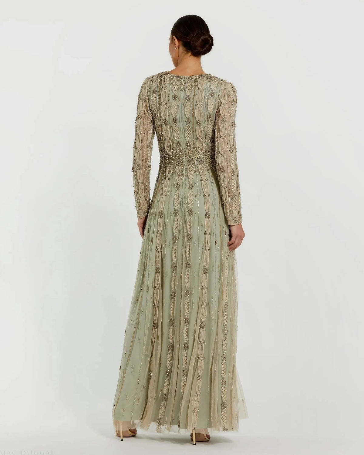 Mac Duggal #10077 nude sage embellished long sleeve A-line gown