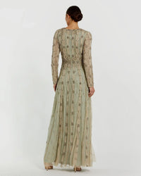Embellished Mesh Long Sleeve A Line Gown - Nude Sage