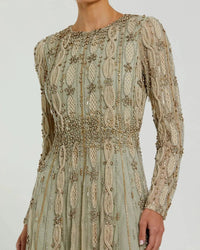 Mac Duggal #10077 nude sage embellished long sleeve A-line gown