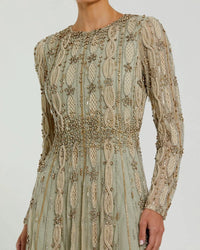 Embellished Mesh Long Sleeve A Line Gown - Nude Sage