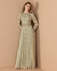 Mac Duggal #10077 nude sage embellished long sleeve A-line gown