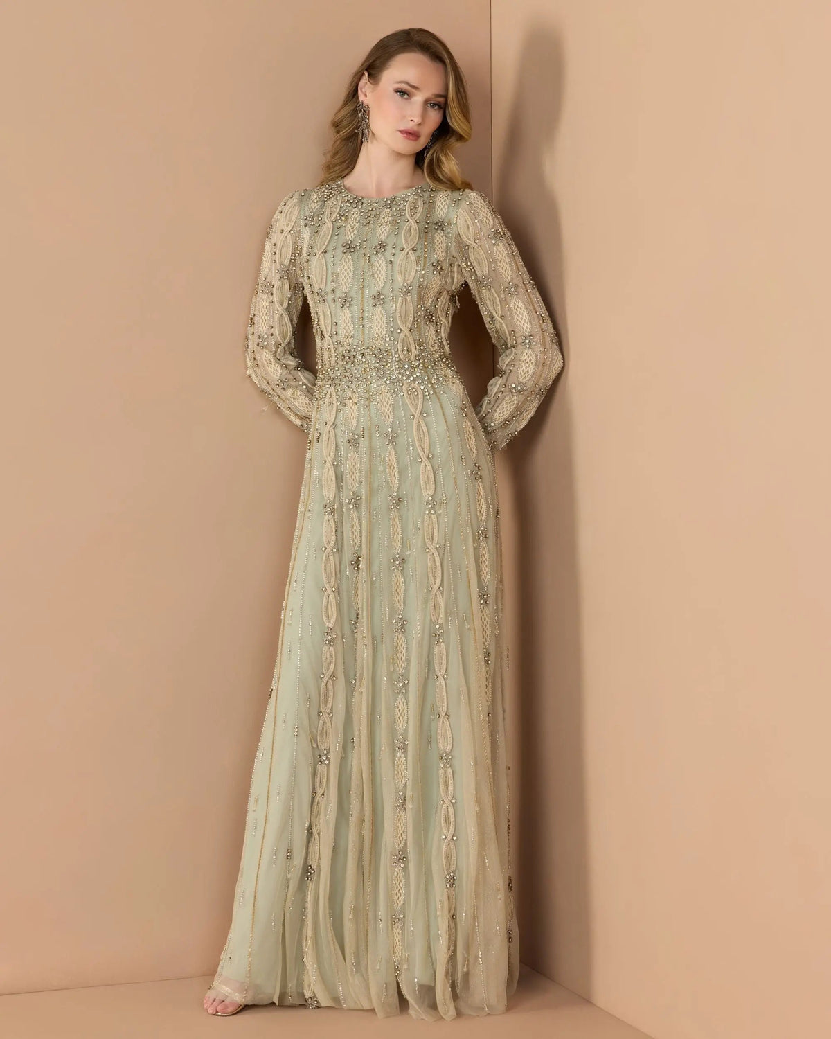 Mac Duggal #10077 nude sage embellished long sleeve A-line gown