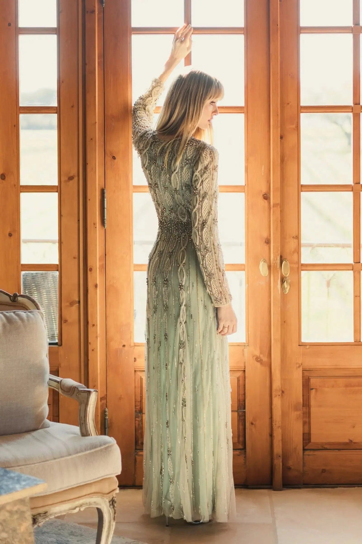 Mac Duggal #10077 nude sage embellished long sleeve A-line gown