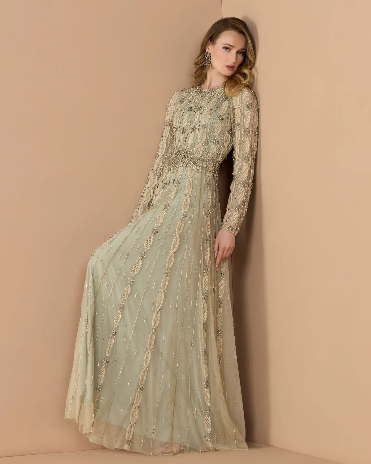Mac Duggal #10077 nude sage embellished long sleeve A-line gown