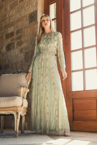 Mac Duggal #10077 nude sage embellished long sleeve A-line gown