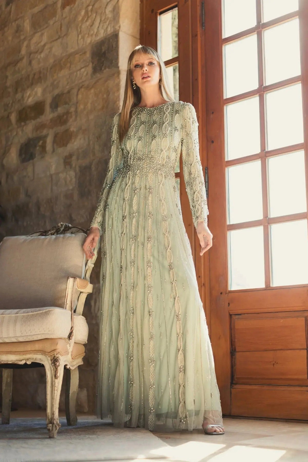 Mac Duggal #10077 nude sage embellished long sleeve A-line gown