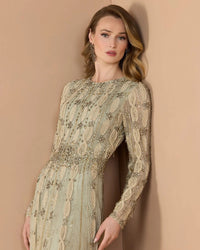 Mac Duggal #10077 nude sage embellished long sleeve A-line gown