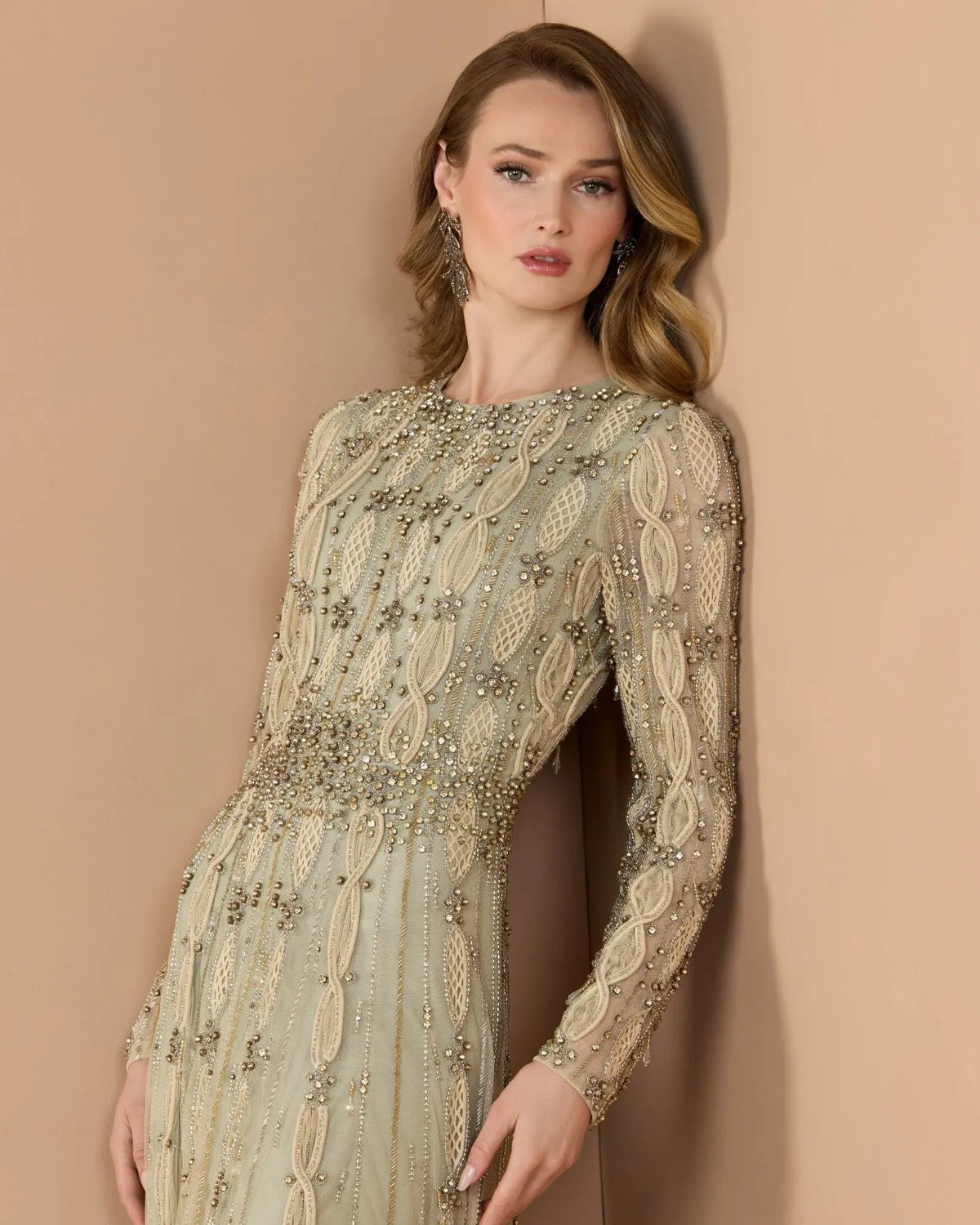 Mac Duggal #10077 nude sage embellished long sleeve A-line gown