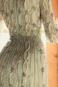 Mac Duggal #10077 nude sage embellished long sleeve A-line gown