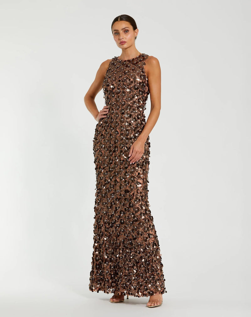 Mac Duggal Brown Sleeveless Sequin Fringe Column Gown Bronze #10079