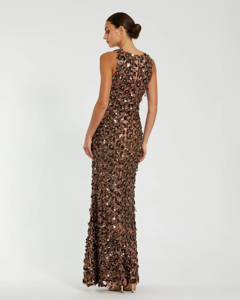 Mac Duggal Brown Sleeveless Sequin Fringe Column Gown Bronze #10079