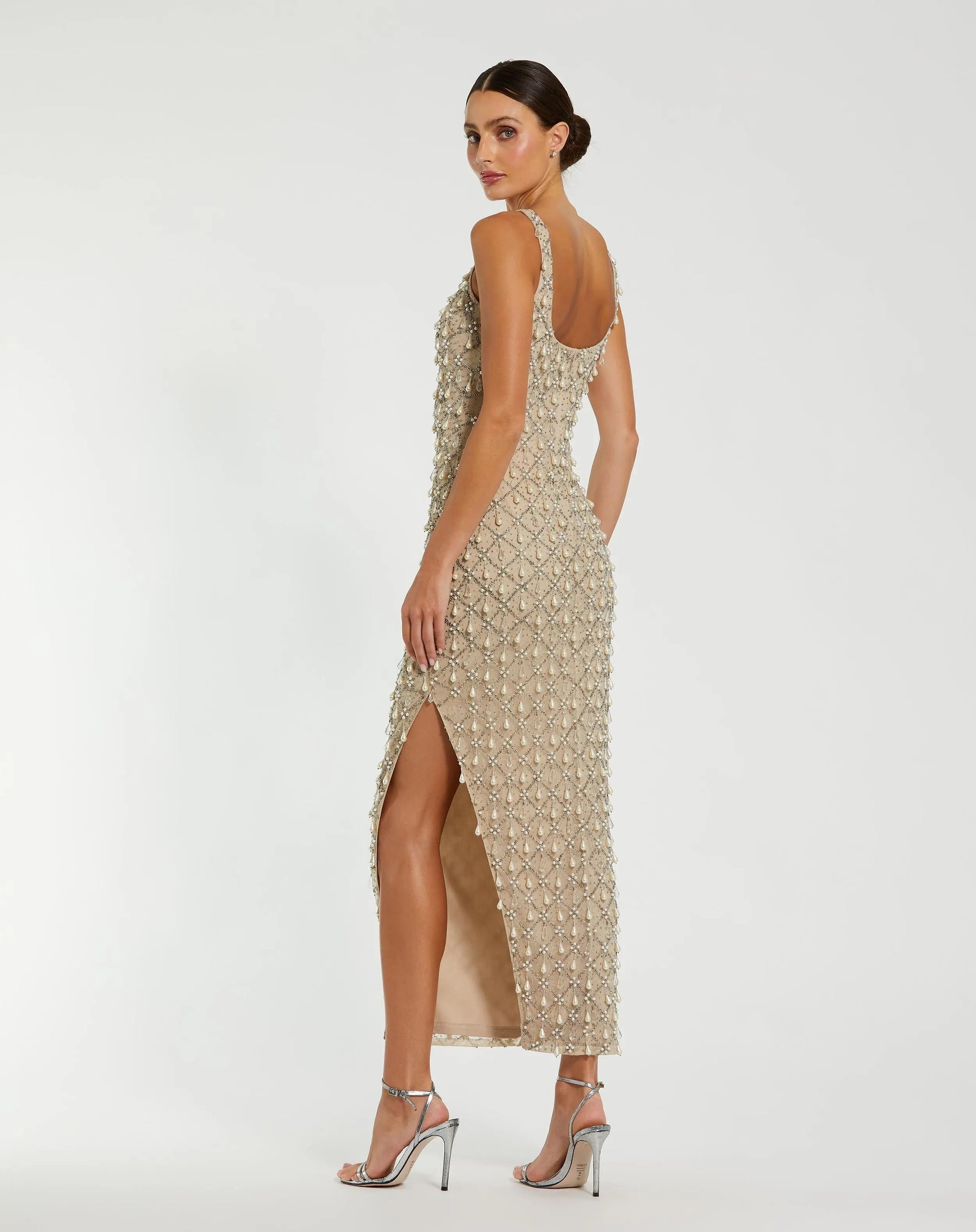 Beige Pearl Embellished Scoop Neck Midi Dress - Back
