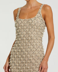 Beige Pearl Embellished Scoop Neck Midi Dress - Close Up