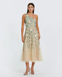 Beige Floral Embellished One Shoulder Midi Dress