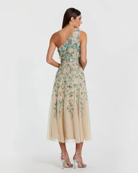 Beige Floral Embellished One Shoulder Midi Dress - Back
