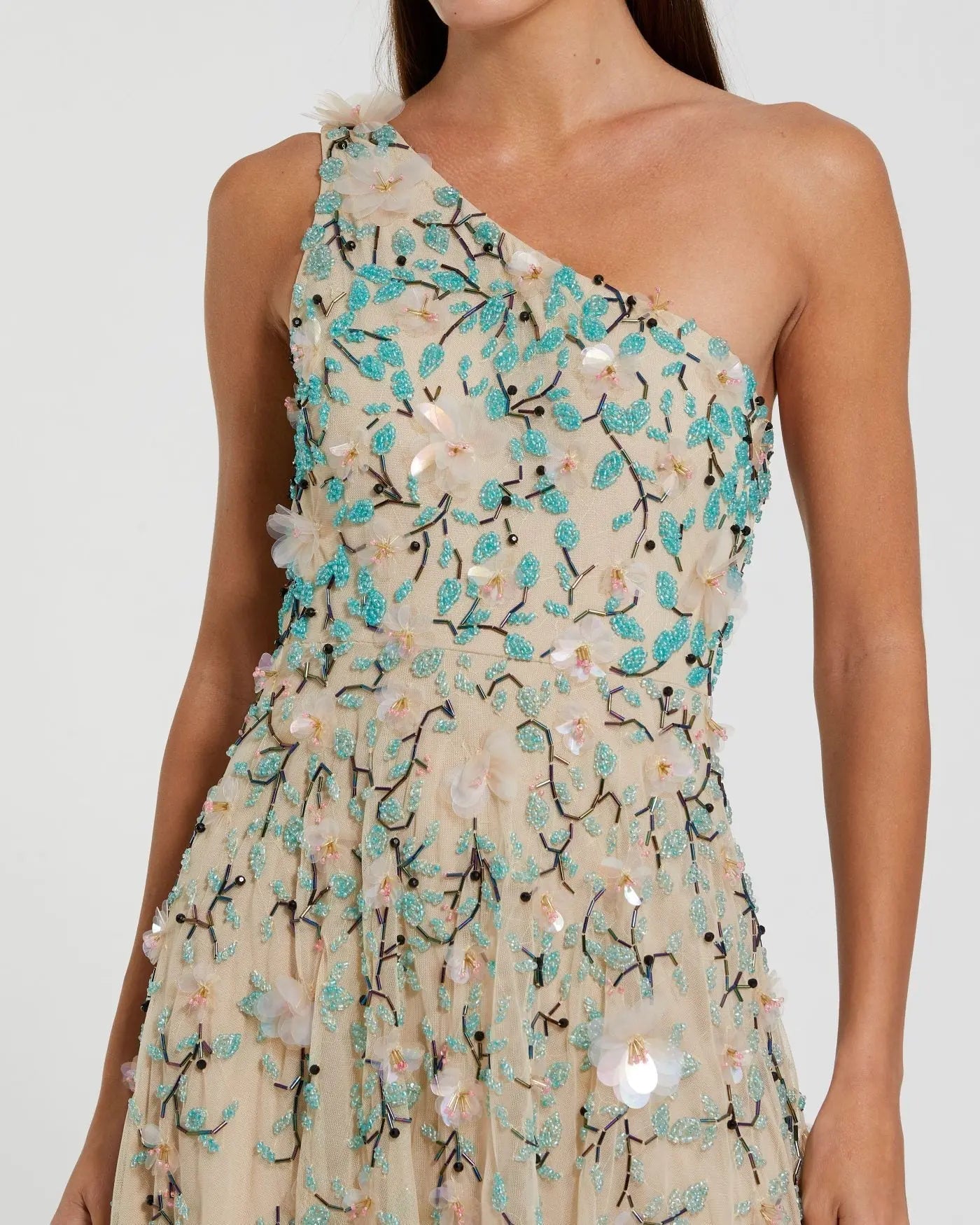 Beige Floral Embellished One Shoulder Midi Dress - Close Up