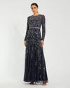 Mac Duggal Beige Long Sleeve Floral Embellished A-line Gown Midnight Blue #10093