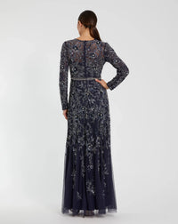 Long Sleeve Floral Embellished A-line Gown - Mocha