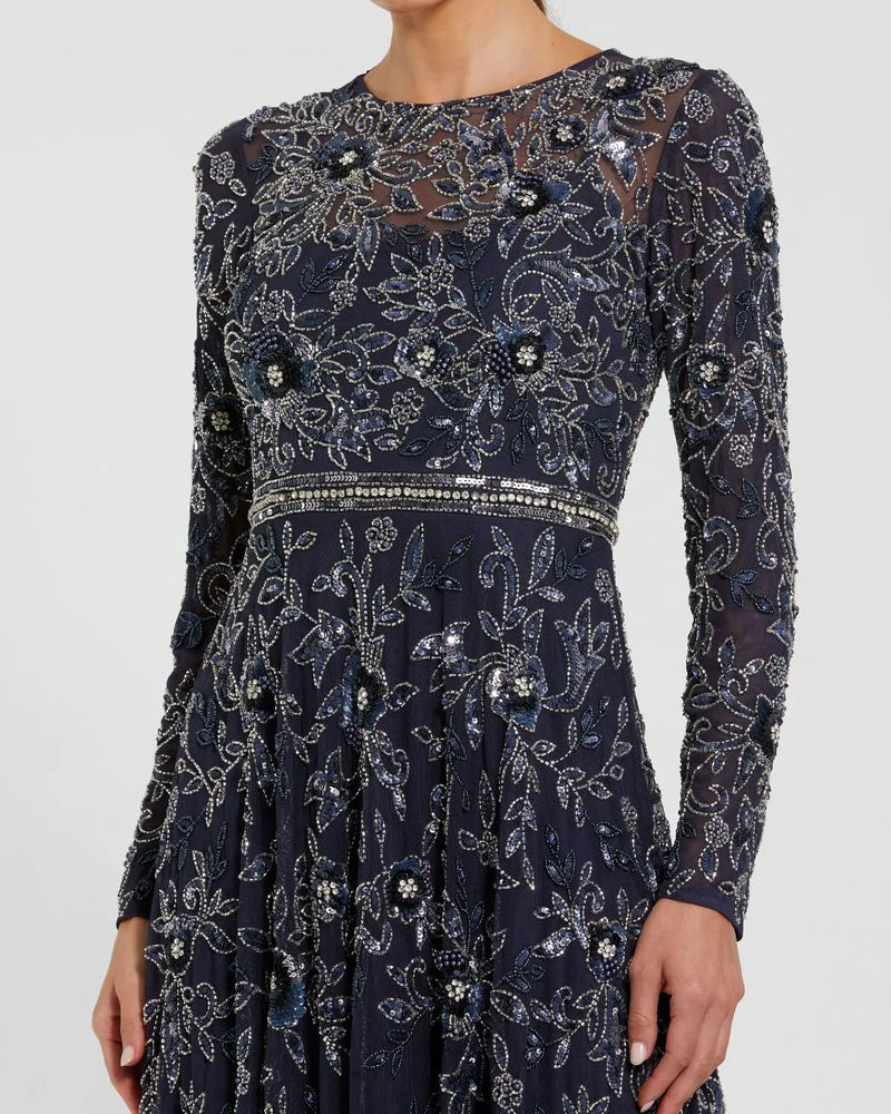 Long Sleeve Floral Embellished A-line Gown - Mocha