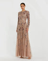 Mac Duggal Beige Long Sleeve Floral Embellished A-line Gown Mocha #10093