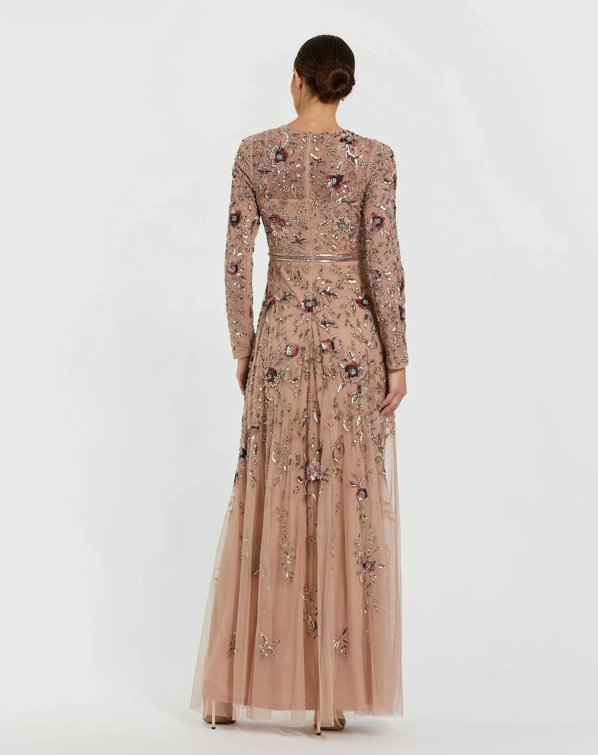 Long Sleeve Floral Embellished A-line Gown - Mocha