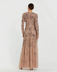 Long Sleeve Floral Embellished A-line Gown - Mocha