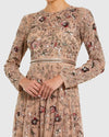 Long Sleeve Floral Embellished A-line Gown - Mocha