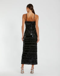 Back view of model wearing Mac Duggal Black Embellished Spaghetti Strap Midi Dress #10094
