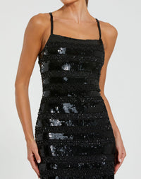 Studio shot of model wearing Mac Duggal Black Embellished Spaghetti Strap Midi Dress #10094